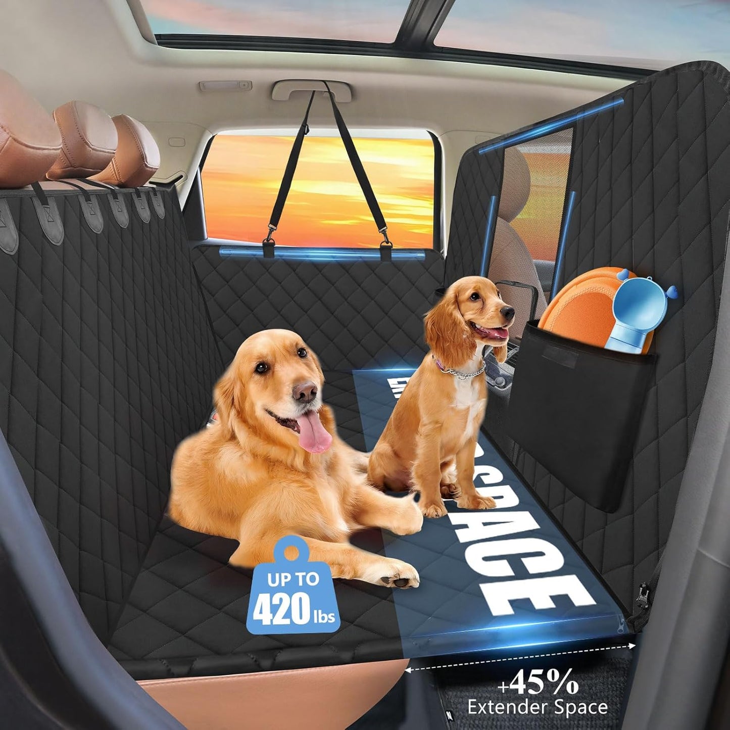 High Barrier Back Seat Extender for Cars, Hard Bottom Dog Car Seat Cover Holds 420Lbs, Backseat Protector Pet Bed, Waterproof Dog Hammock for Suvs and Trucks